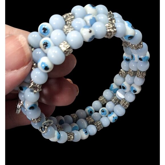 Bohemian Evil Eye Light Blue Glass And Silver Tone Beaded Coil Bracelet - Picture 3 of 6